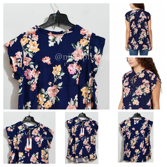 Buffalo David Bitton Tops - Buffalo Ladies' Flutter Sleeve Floral Top in BLue